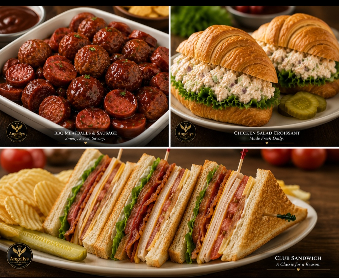 BBQ meatballs and sausage, chicken salad croissant and club sandwich