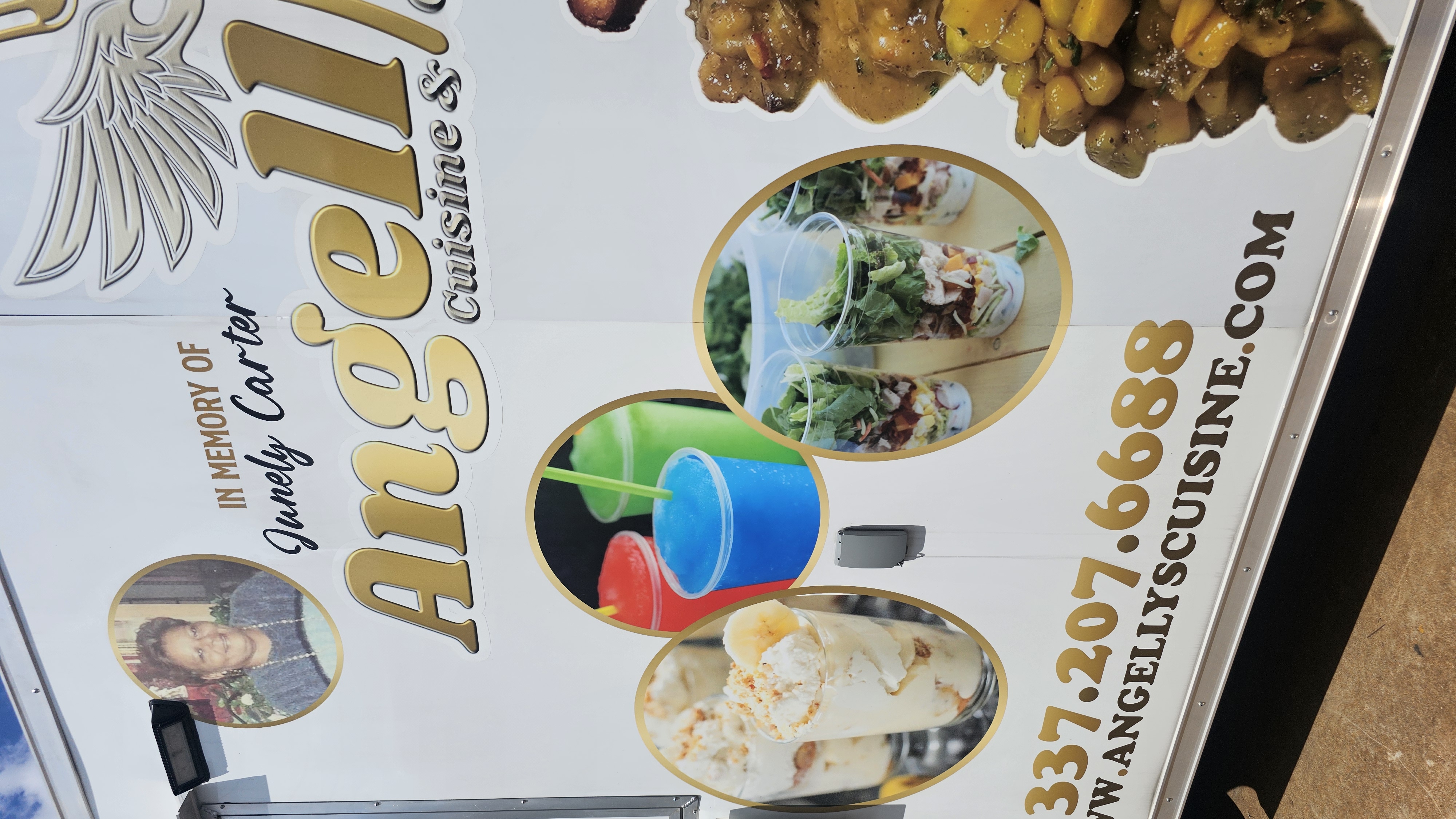 Angell's Cuisine and Cakery food truck signage
