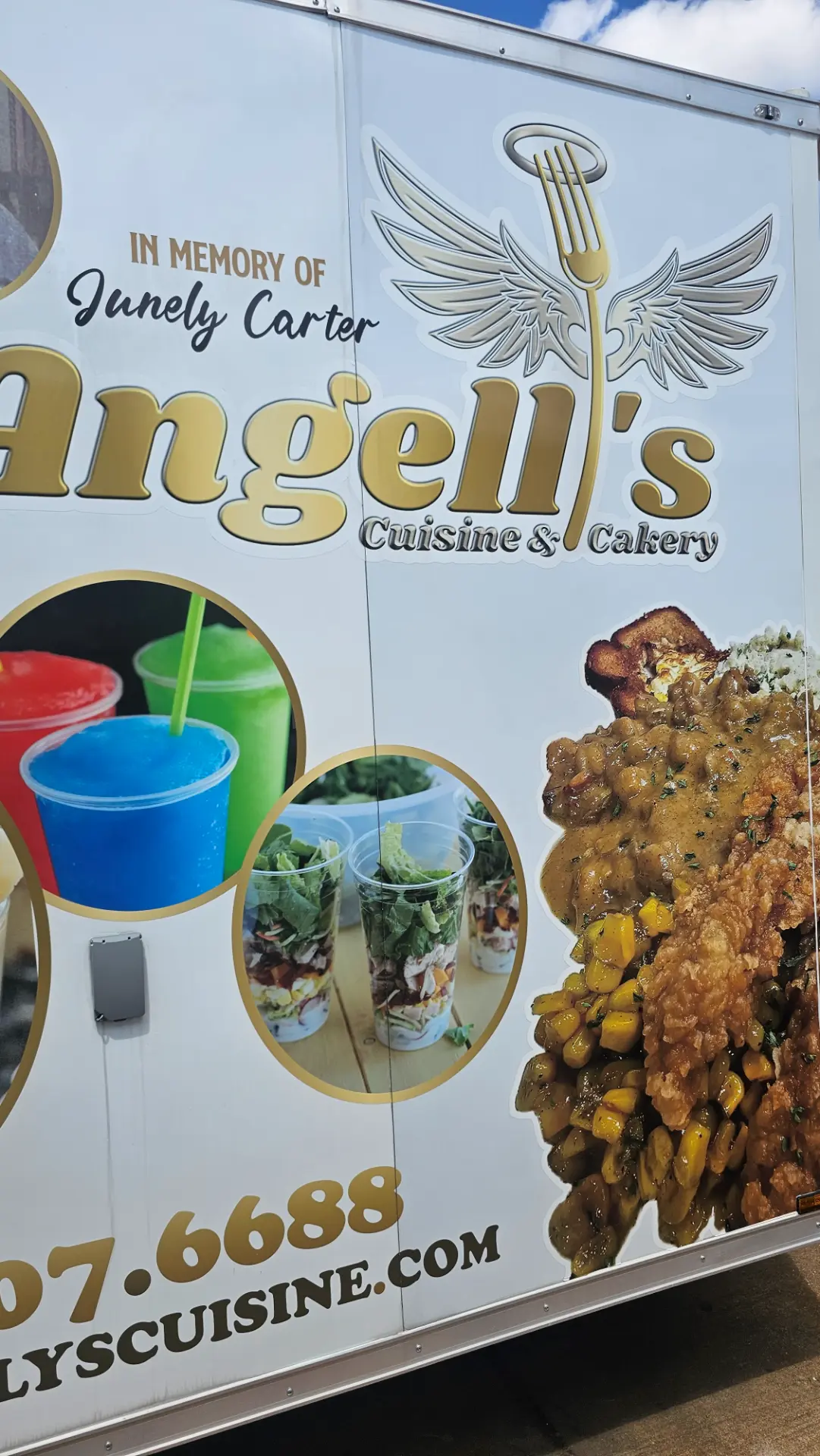 Angell's Cuisine and Cakery food truck signage with signature dishes
