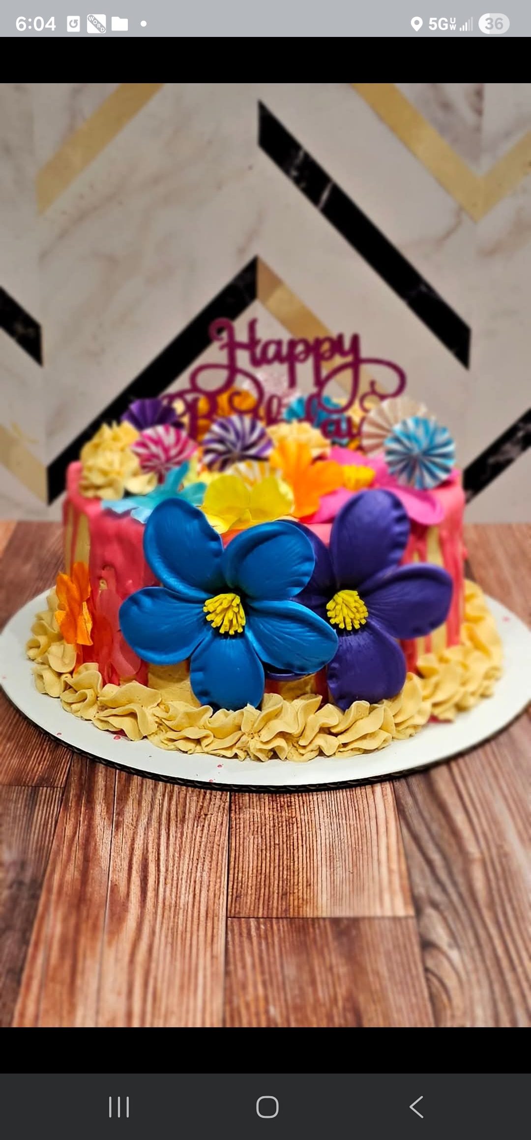 Happy Birthday cake with vibrant blue and purple flowers